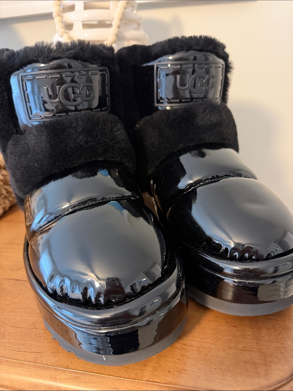 UGG Glossy Black Patent Leather Shearling Trim Boots